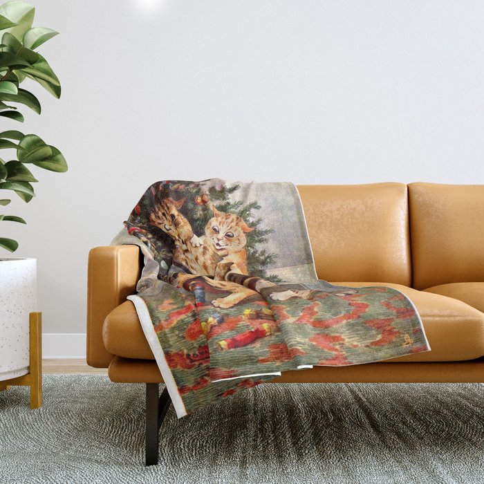 'Christmas Time In Catland' Louis Wain Vintage Cat Throw Blanket Gallery Image 1