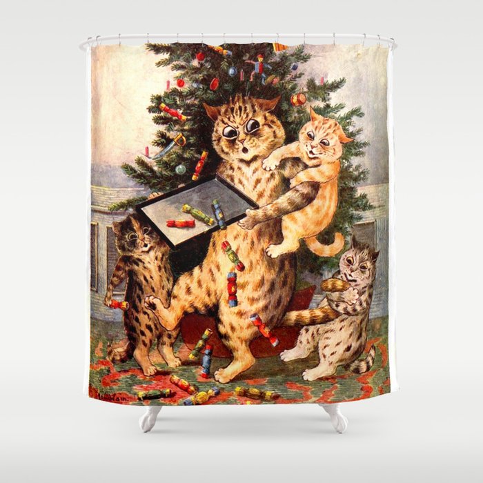 'Christmas Time In Catland' Louis Wain Vintage Cat Shower Curtain Gallery Image 1