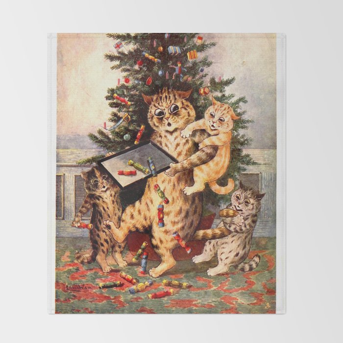 'Christmas Time In Catland' Louis Wain Vintage Cat Throw Blanket Gallery Image 2