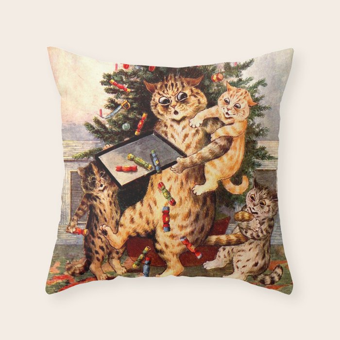 'Christmas Time In Catland' Louis Wain Vintage Cat Throw Pillow Gallery Image 1