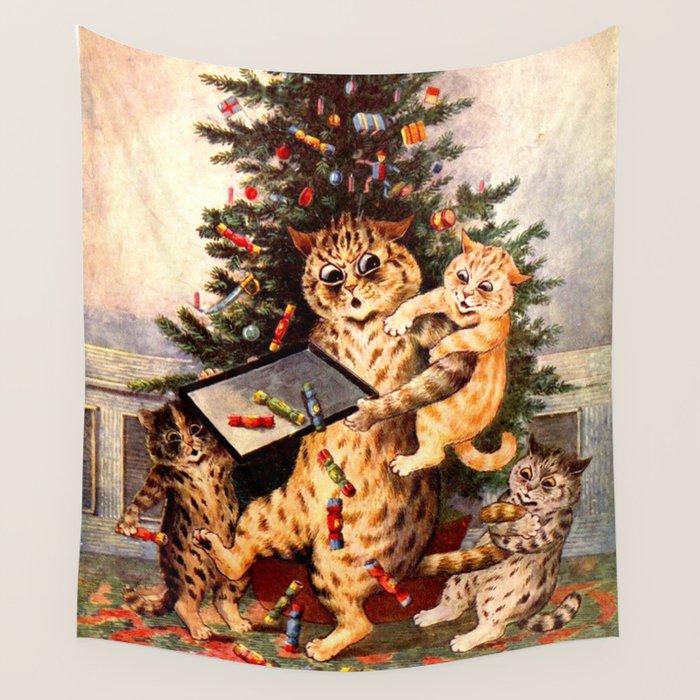 'Christmas Time In Catland' Louis Wain Vintage Cat Wall Tapestry Gallery Image 1
