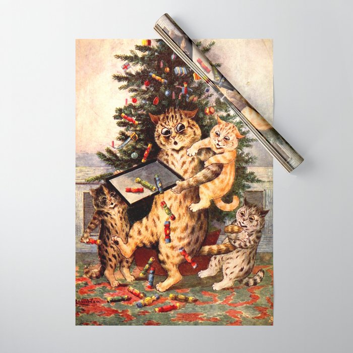 'Christmas Time In Catland' Louis Wain Vintage Cat Wrapping Paper Gallery Image 1