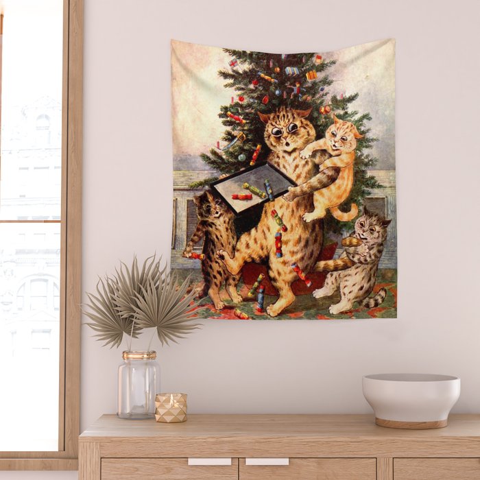 'Christmas Time In Catland' Louis Wain Vintage Cat Wall Tapestry Gallery Image 2