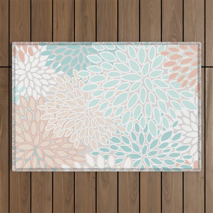 Floral Prints, Soft, Peach and Teal, Modern Print Art Outdoor Rug Gallery Image 1