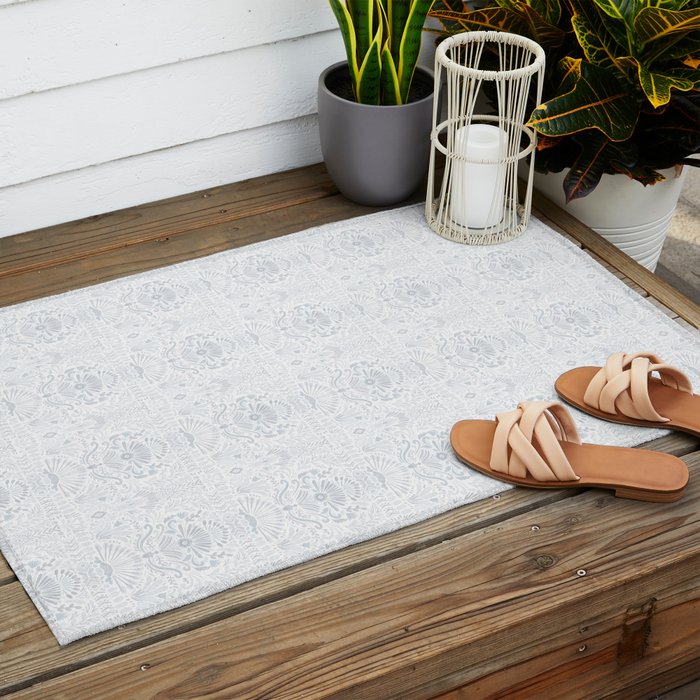 Boho Watercolor Geometric Pattern - Blue Outdoor Rug Gallery Image 2