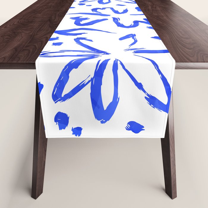 Hand drawn blue flower art pattern Table Runner Gallery Image 1