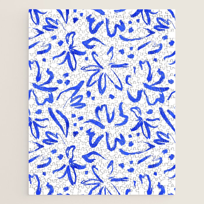 Hand drawn blue flower art pattern Jigsaw Puzzle Gallery Image 1