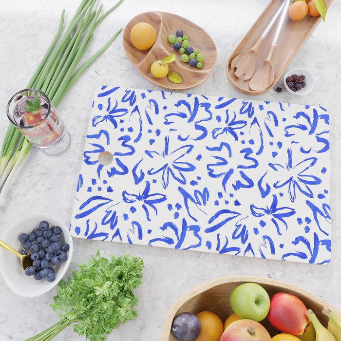 Hand drawn blue flower art pattern Cutting Board Gallery Image 2