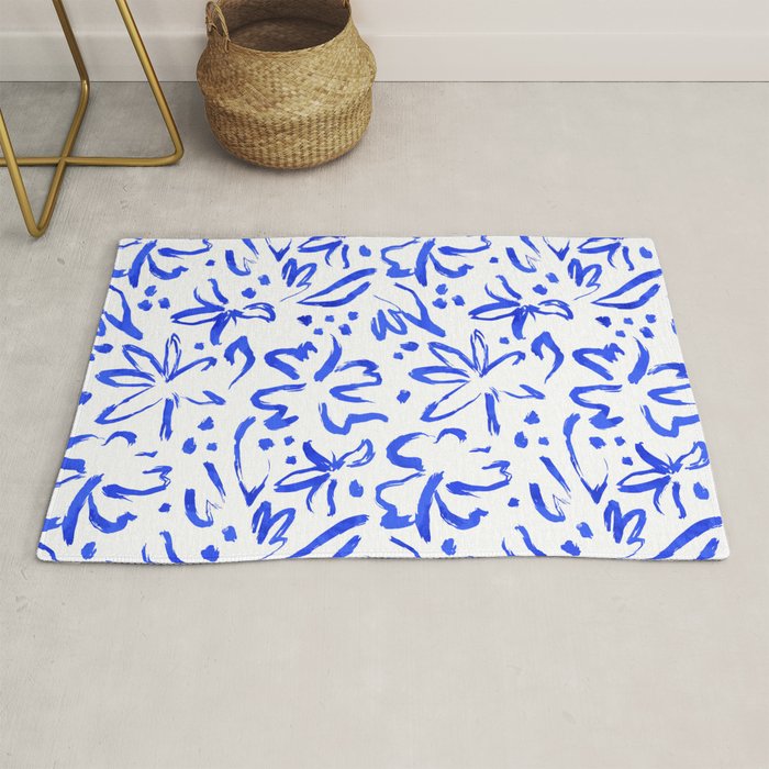 Hand drawn blue flower art pattern Rug Gallery Image 1