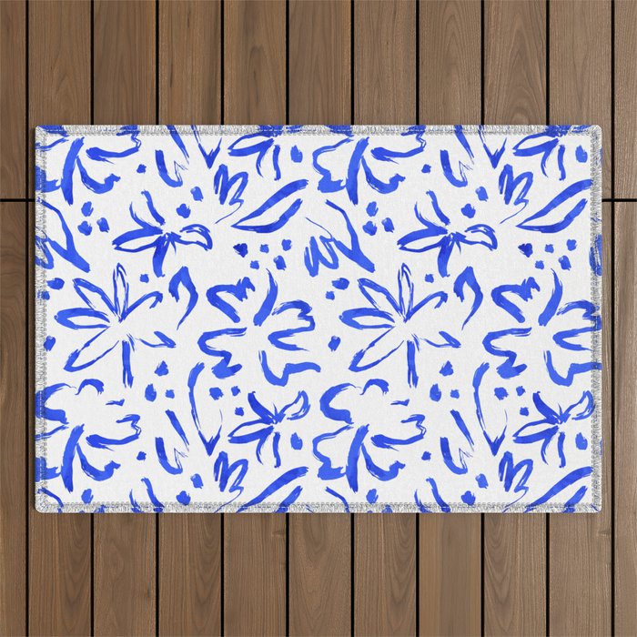Hand drawn blue flower art pattern Outdoor Rug Gallery Image 1