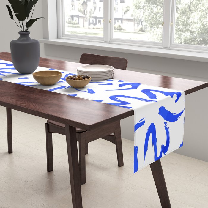 Hand drawn blue flower art pattern Table Runner Gallery Image 2