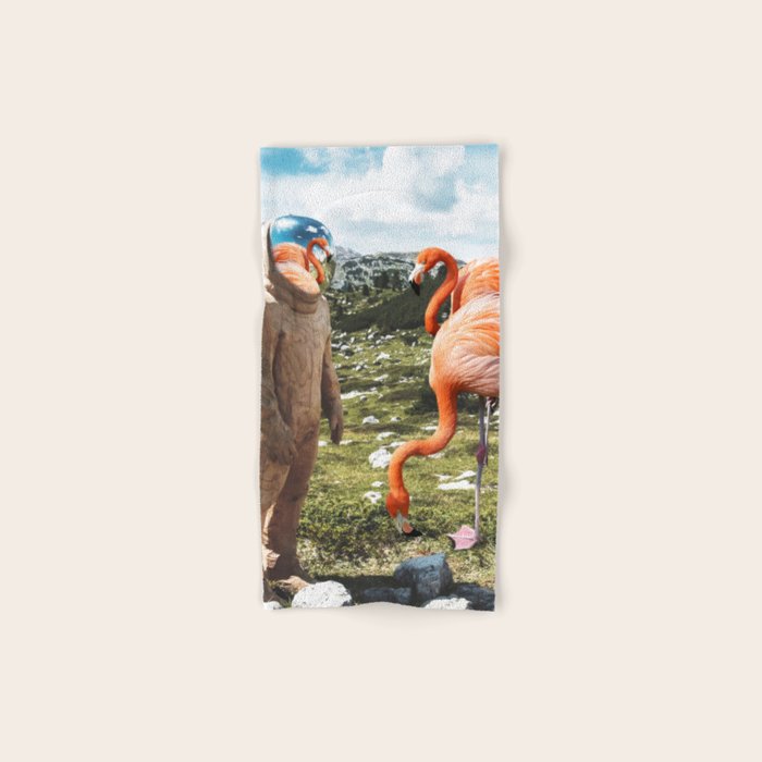 Alternate Reality, Surrealism Digital Photography, Space Flamingo Astronaut Collage Bath Towel Gallery Image 1
