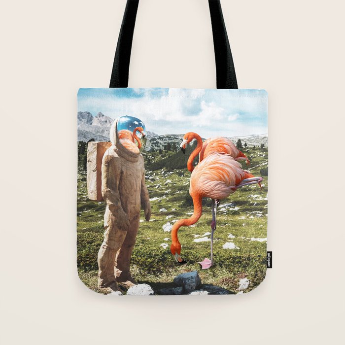 Alternate Reality, Surrealism Digital Photography, Space Flamingo Astronaut Collage Tote Bag Gallery Image 1