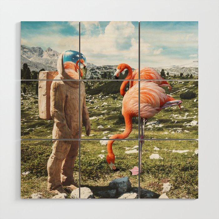 Alternate Reality, Surrealism Digital Photography, Space Flamingo Astronaut Collage Wood Wall Art Gallery Image 1