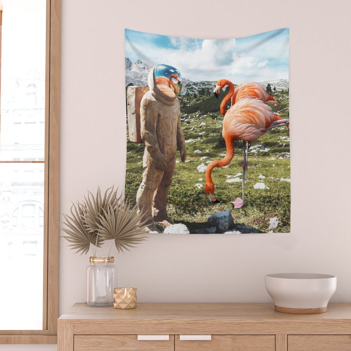 Alternate Reality, Surrealism Digital Photography, Space Flamingo Astronaut Collage Wall Tapestry Gallery Image 2