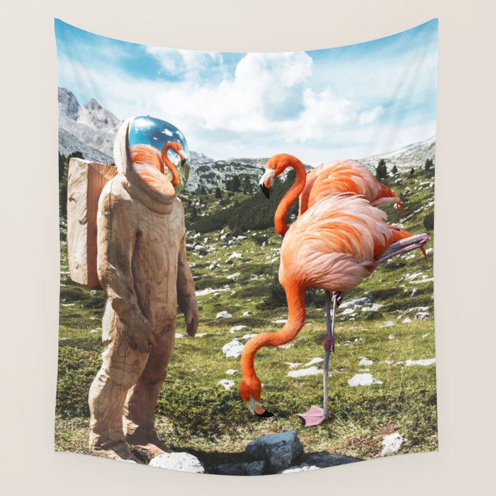 Alternate Reality, Surrealism Digital Photography, Space Flamingo Astronaut Collage Wall Tapestry Gallery Image 1