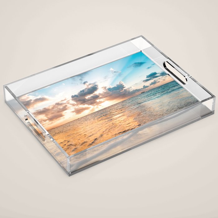 sunset sky over ocean - beach with sunset sky horizon Acrylic Tray Gallery Image 1