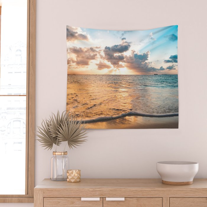 sunset sky over ocean - beach with sunset sky horizon Wall Tapestry Gallery Image 2