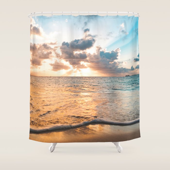 sunset sky over ocean - beach with sunset sky horizon Shower Curtain Gallery Image 1