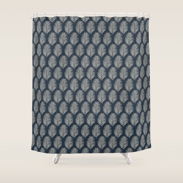Palm Leaf Navy Blue And Cream Shower Curtain Gallery Image 1