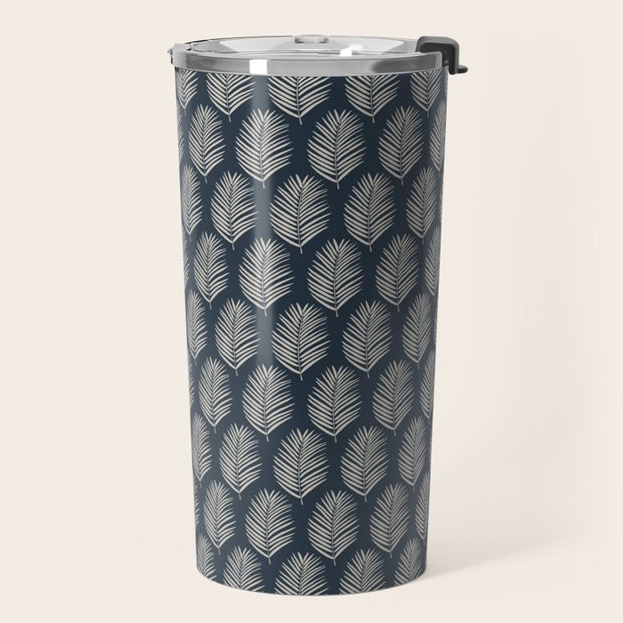 Palm Leaf Navy Blue And Cream Travel Mug Gallery Image 2