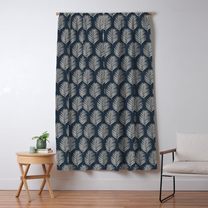 Palm Leaf Navy Blue And Cream Window Curtain Gallery Image 5