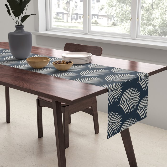 Palm Leaf Navy Blue And Cream Table Runner Gallery Image 2