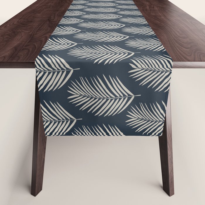 Palm Leaf Navy Blue And Cream Table Runner Gallery Image 1