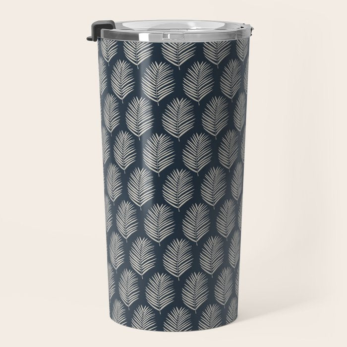 Palm Leaf Navy Blue And Cream Travel Mug Gallery Image 3