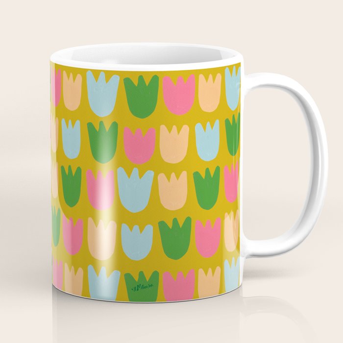 Rows of Tulips in Bloom in Yellow Ochre & Peach Coffee Mug Gallery Image 1