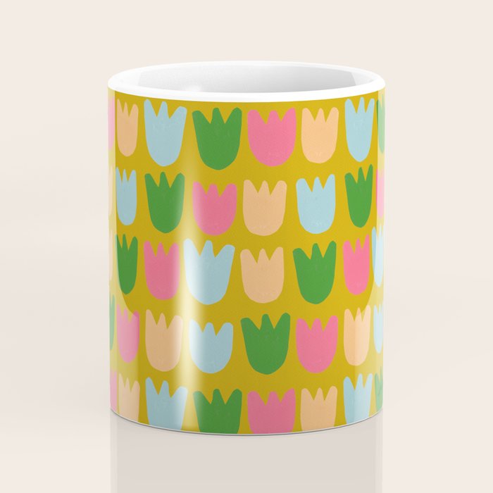 Rows of Tulips in Bloom in Yellow Ochre & Peach Coffee Mug Gallery Image 4