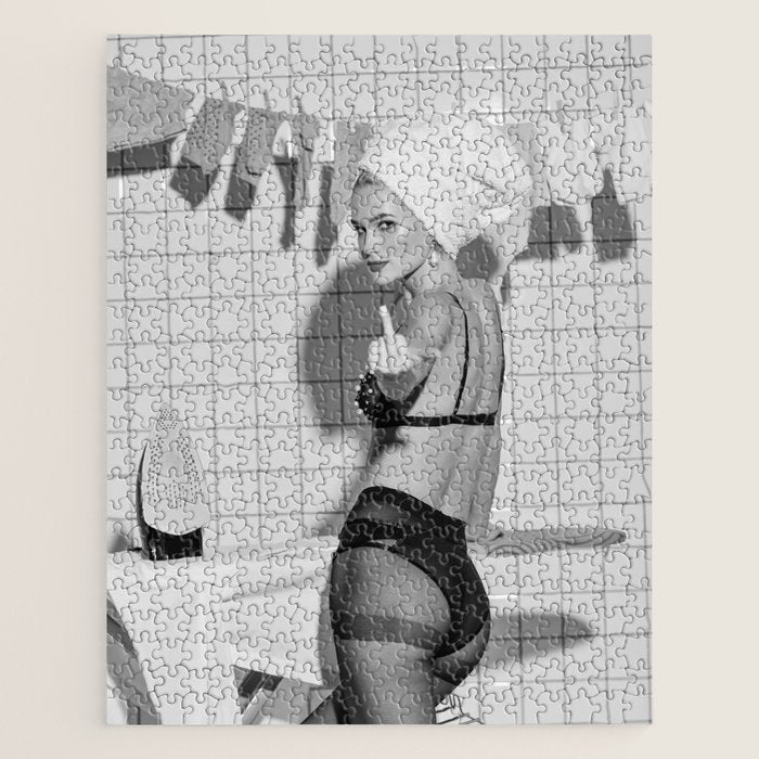 Romans!  Citizens!  Trolls!  Bad boyfriends!  Neo-conservatives we present to you The Birds of Springs humorous blond housewife giving the middle finger (the bird) black and white photograph - photography - photographs by Vitalik Radko Jigsaw Puzzle Gallery Image 1