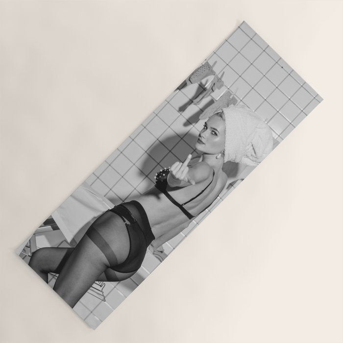 Romans!  Citizens!  Trolls!  Bad boyfriends!  Neo-conservatives we present to you The Birds of Springs humorous blond housewife giving the middle finger (the bird) black and white photograph - photography - photographs by Vitalik Radko Yoga Mat Gallery Image 1