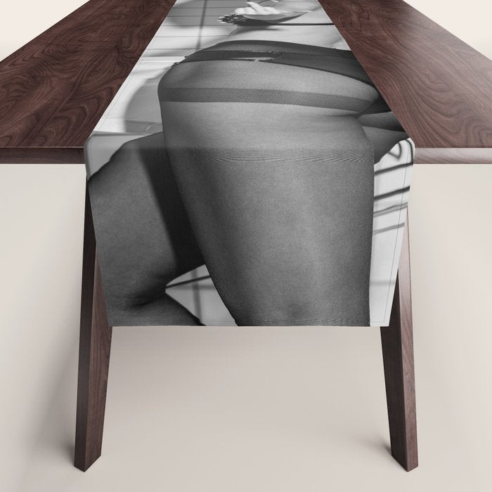 Romans!  Citizens!  Trolls!  Bad boyfriends!  Neo-conservatives we present to you The Birds of Springs humorous blond housewife giving the middle finger (the bird) black and white photograph - photography - photographs by Vitalik Radko Table Runner Gallery Image 1
