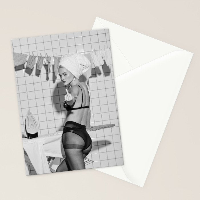 Romans!  Citizens!  Trolls!  Bad boyfriends!  Neo-conservatives we present to you The Birds of Springs humorous blond housewife giving the middle finger (the bird) black and white photograph - photography - photographs by Vitalik Radko Stationery Card Gallery Image 2