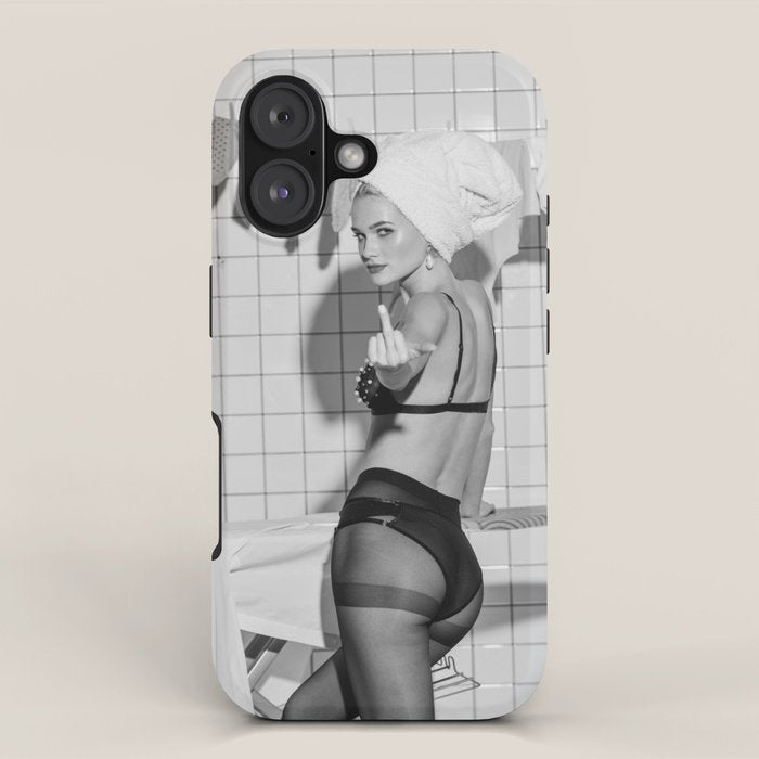 Romans!  Citizens!  Trolls!  Bad boyfriends!  Neo-conservatives we present to you The Birds of Springs humorous blond housewife giving the middle finger (the bird) black and white photograph - photography - photographs by Vitalik Radko iPhone Case Gallery Image 1