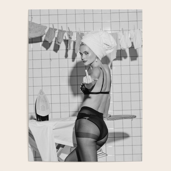 Romans!  Citizens!  Trolls!  Bad boyfriends!  Neo-conservatives we present to you The Birds of Springs humorous blond housewife giving the middle finger (the bird) black and white photograph - photography - photographs by Vitalik Radko Poster Gallery Image 4