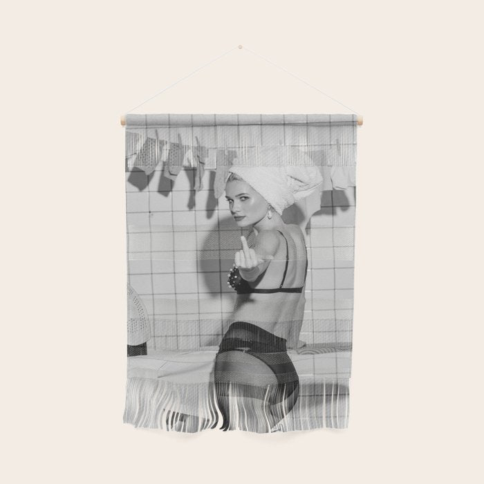 Romans!  Citizens!  Trolls!  Bad boyfriends!  Neo-conservatives we present to you The Birds of Springs humorous blond housewife giving the middle finger (the bird) black and white photograph - photography - photographs by Vitalik Radko Wall Hanging Gallery Image 1