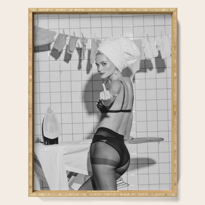 Romans!  Citizens!  Trolls!  Bad boyfriends!  Neo-conservatives we present to you The Birds of Springs humorous blond housewife giving the middle finger (the bird) black and white photograph - photography - photographs by Vitalik Radko Serving Tray Gallery Image 1