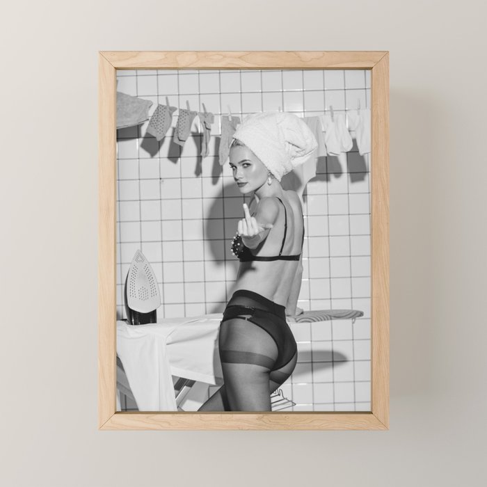Romans!  Citizens!  Trolls!  Bad boyfriends!  Neo-conservatives we present to you The Birds of Springs humorous blond housewife giving the middle finger (the bird) black and white photograph - photography - photographs by Vitalik Radko Mini Art Print Gallery Image 1