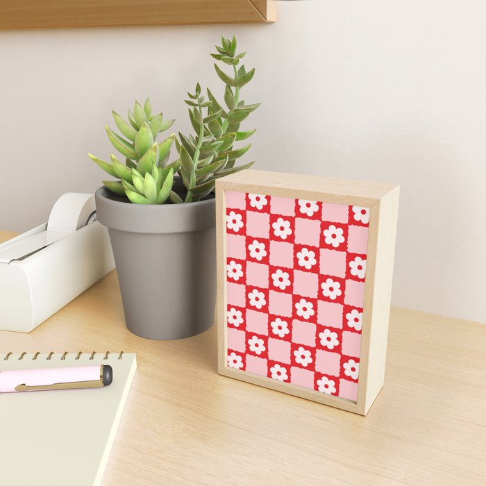 Retro Daisy Flower Checker in Red Mini Art Print Gallery Image 2