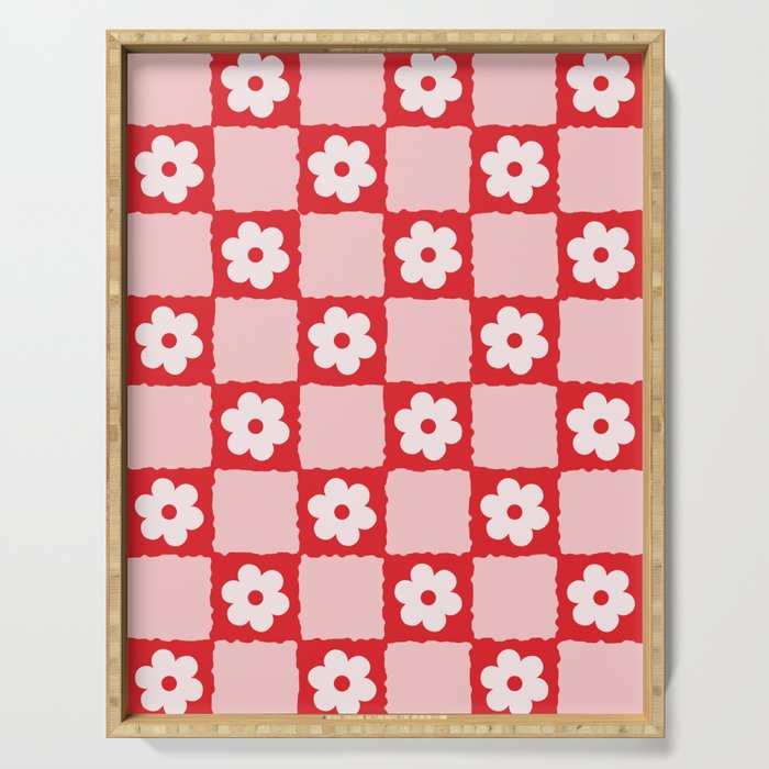 Retro Daisy Flower Checker in Red Serving Tray Gallery Image 1