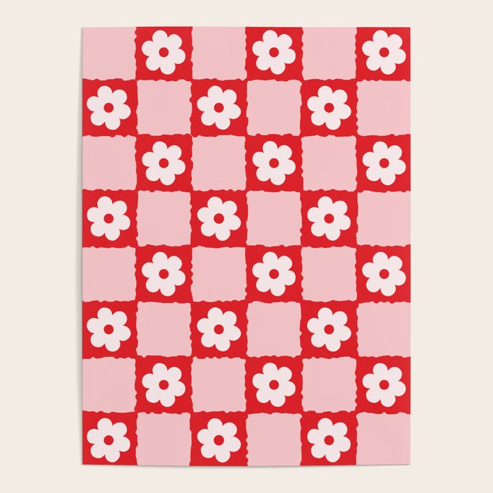 Retro Daisy Flower Checker in Red Poster Gallery Image 4