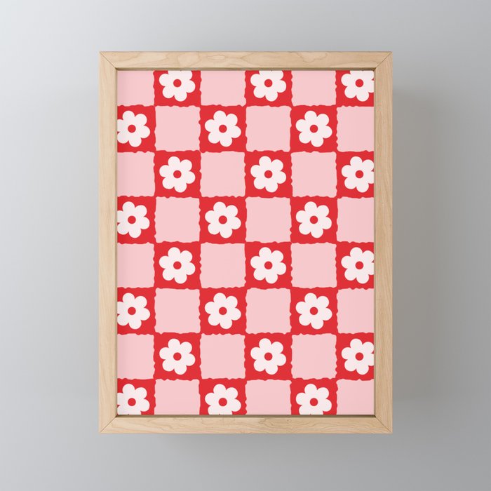 Retro Daisy Flower Checker in Red Mini Art Print Gallery Image 1