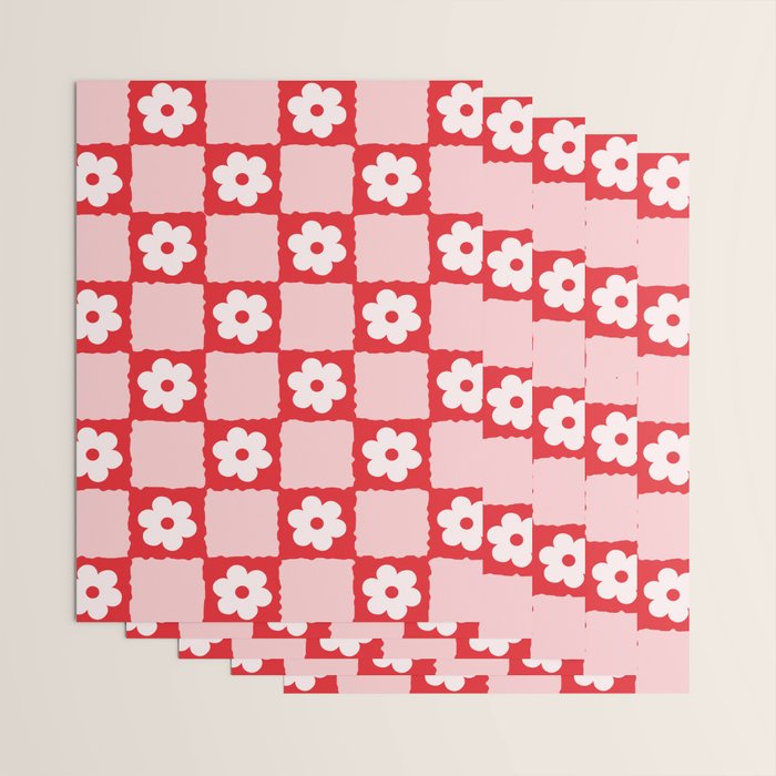 Retro Daisy Flower Checker in Red Wrapping Paper Gallery Image 3