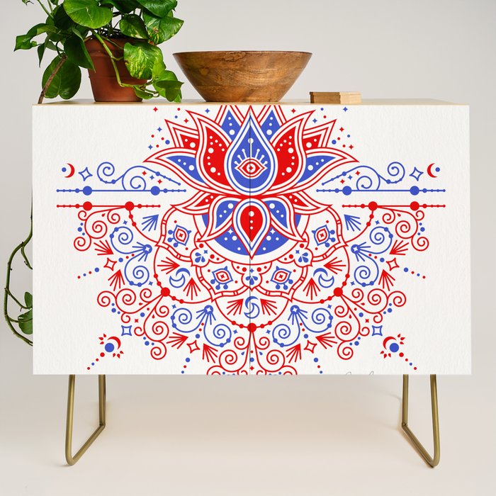 Sacred Lotus Mandala - Red & Blue Palette Credenza Gallery Image 1