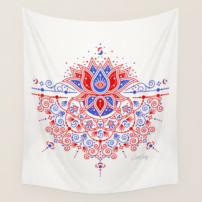 Sacred Lotus Mandala - Red & Blue Palette Wall Tapestry Gallery Image 4