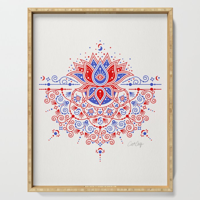 Sacred Lotus Mandala - Red & Blue Palette Serving Tray Gallery Image 1
