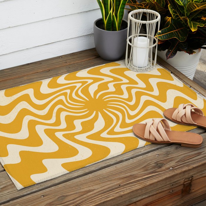 Retro 70s Swirl Spiral Banana Yellow Groovie  Outdoor Rug Gallery Image 2