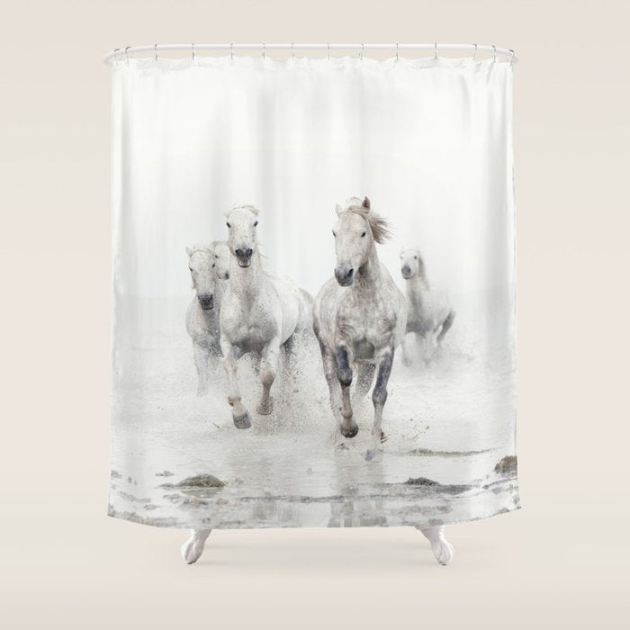 Camargue White Horses Running in Water - Nature Photography Shower Curtain Gallery Image 1